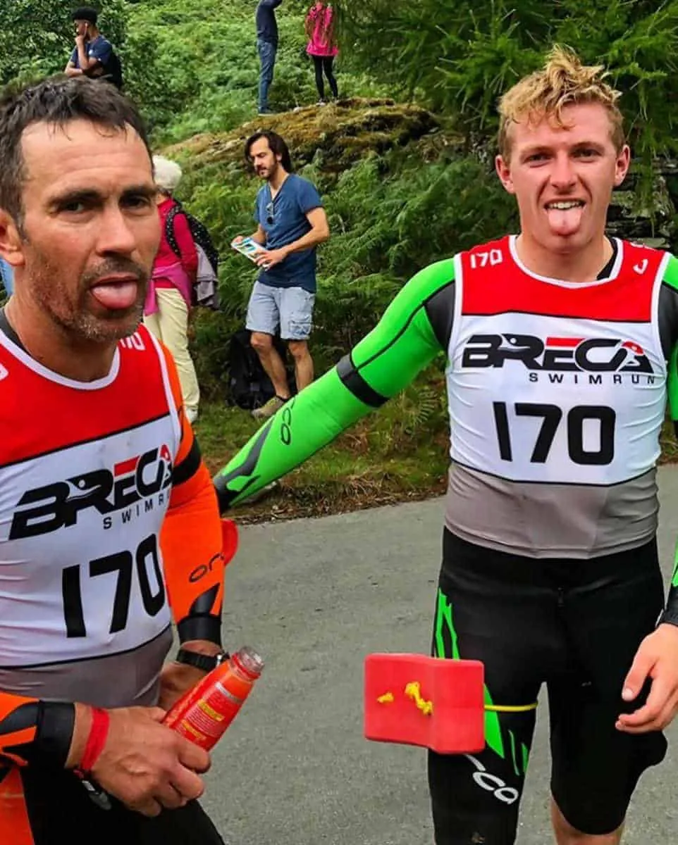 Andy Gamble and Tim Whincup competing in the Breca Buttermere SwimRun, navigating through the rugged terrain of the Lake District.